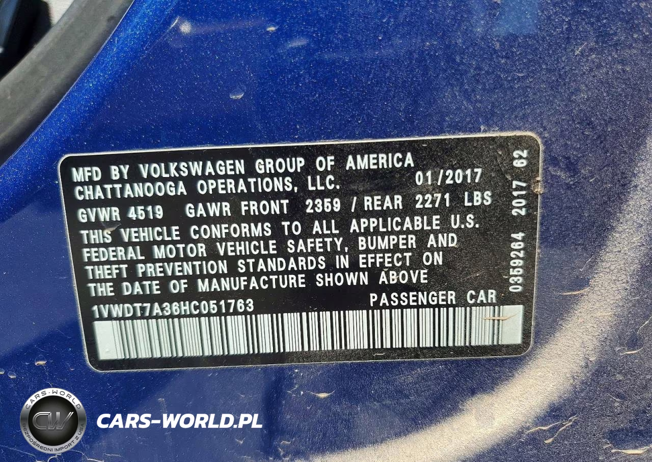 2017 Volkswagen Passat R-Line VIN:1VWDT7A36HC051763 - 12