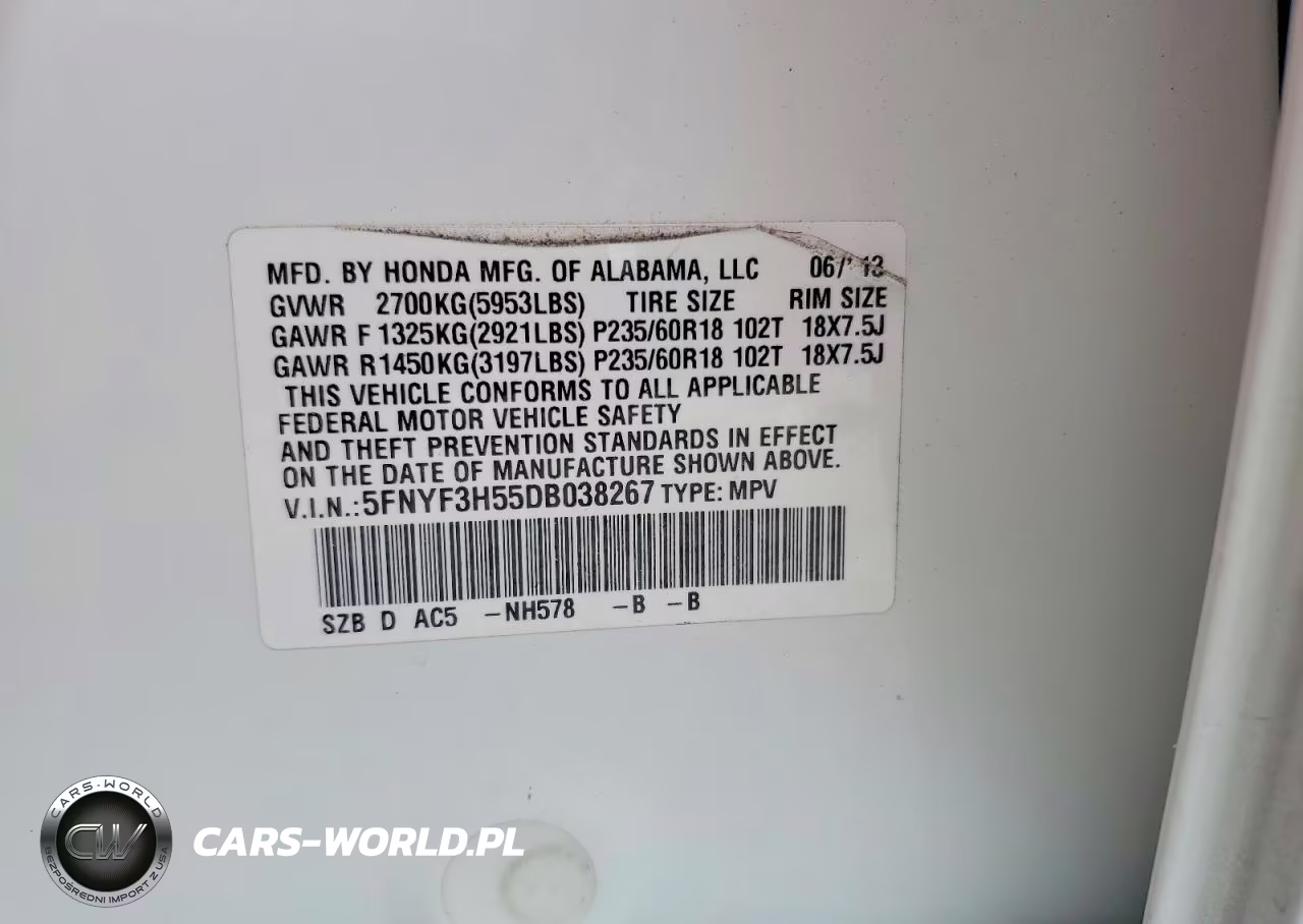 2013 Honda Pilot Exl VIN:5FNYF3H55DB038267 - 14