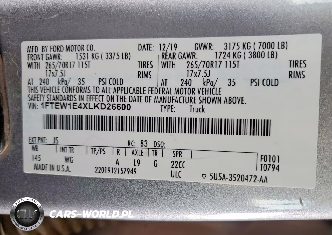 2020 Ford F150 Xl 4Wd 3.5L V6 Crew Cab VIN:1FTEW1E4XLKD26600 - 12