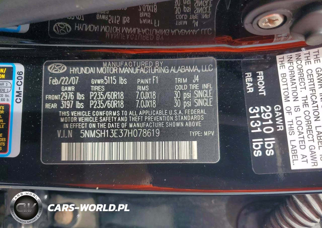 2007 Hyundai Santa Fe Se VIN:5NMSH13E37H078619 - 12