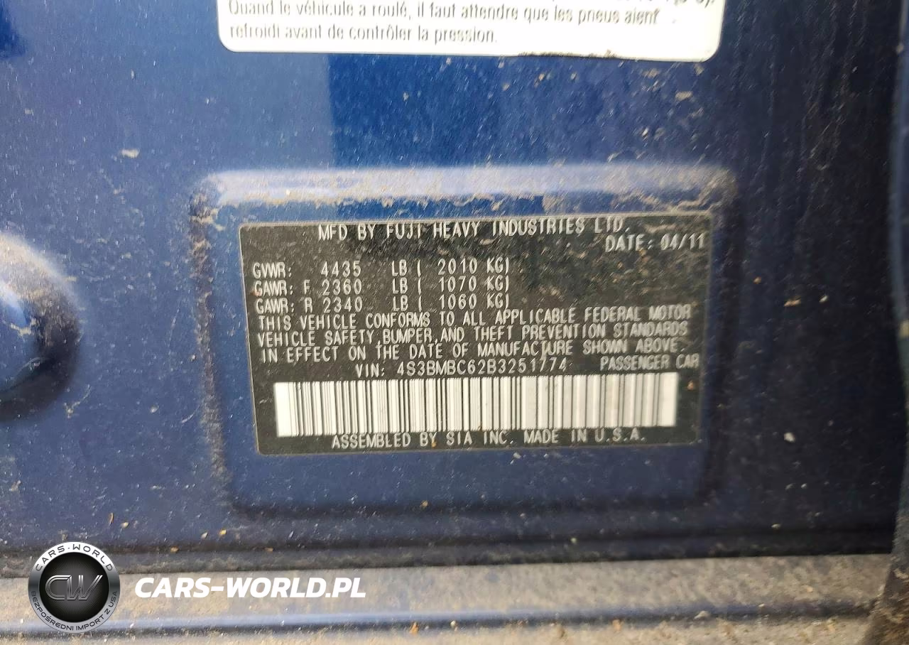 2011 Subaru Legacy 2.5I Premium VIN:4S3BMBC62B3251774 - 12