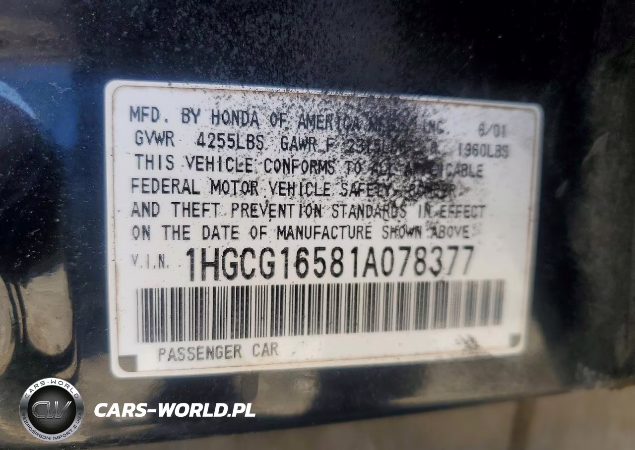 2001 Honda Accord Ex VIN:1HGCG16581A078377 - 12