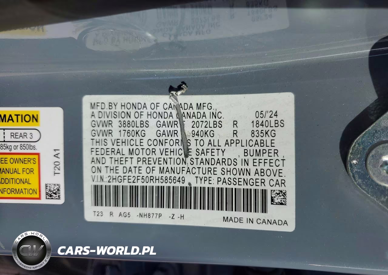 2024 Honda Civic VIN:2HGFE2F50RH585649 - 12
