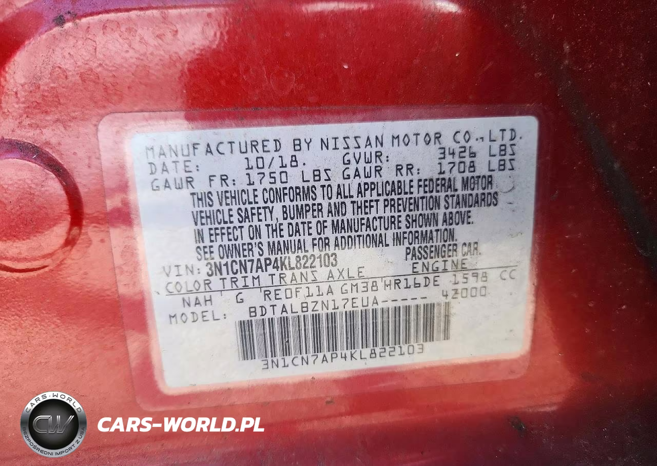 2019 Nissan Versa Sv VIN:3N1CN7AP4KL822103 - 12