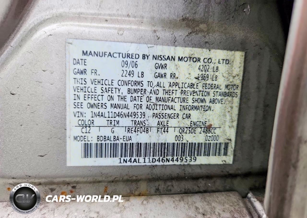 2006 Nissan Altima 2.5 VIN:1N4AL11D46N449539 - 12