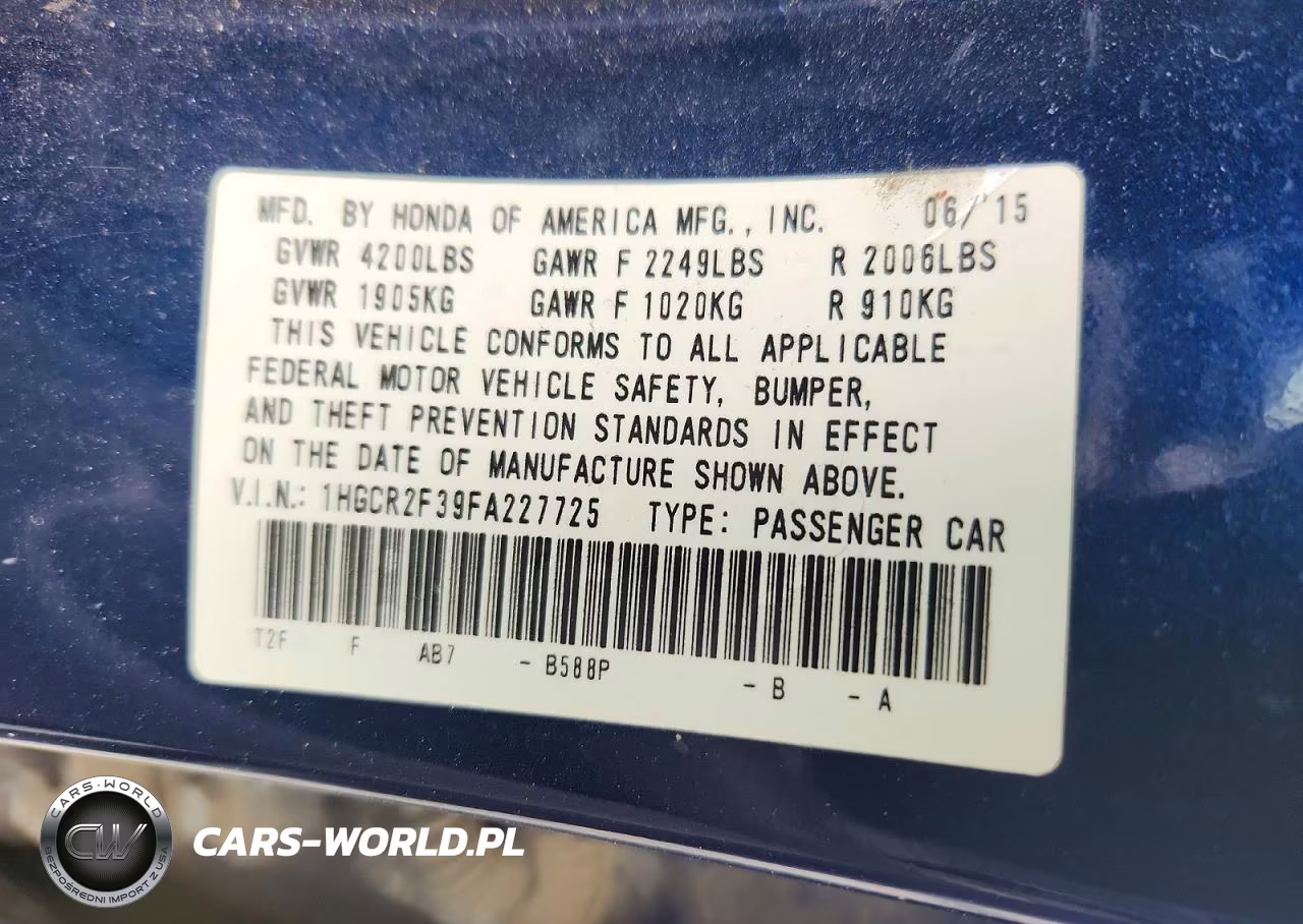 2015 Honda Accord Lx VIN:1HGCR2F39FA227725 - 12