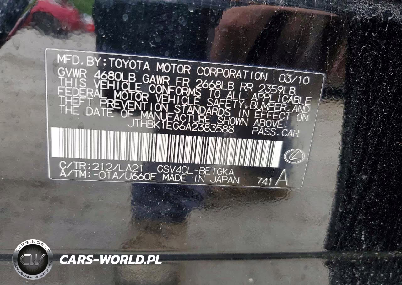 2010 Lexus Es 350 VIN:JTHBK1EG6A2383588 - 12