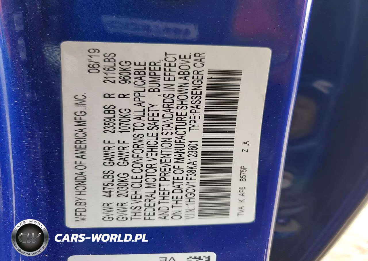 2019 Honda Accord Sport VIN:1HGCV1F38KA123601 - 12
