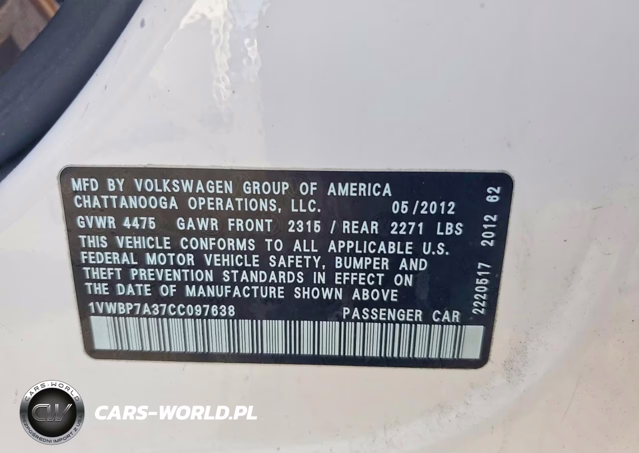 2012 Volkswagen Passat Se VIN:1VWBP7A37CC097638 - 12