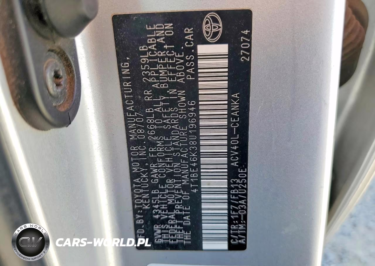 2008 Toyt Camry VIN:4T1BE46K38U196946 - 12