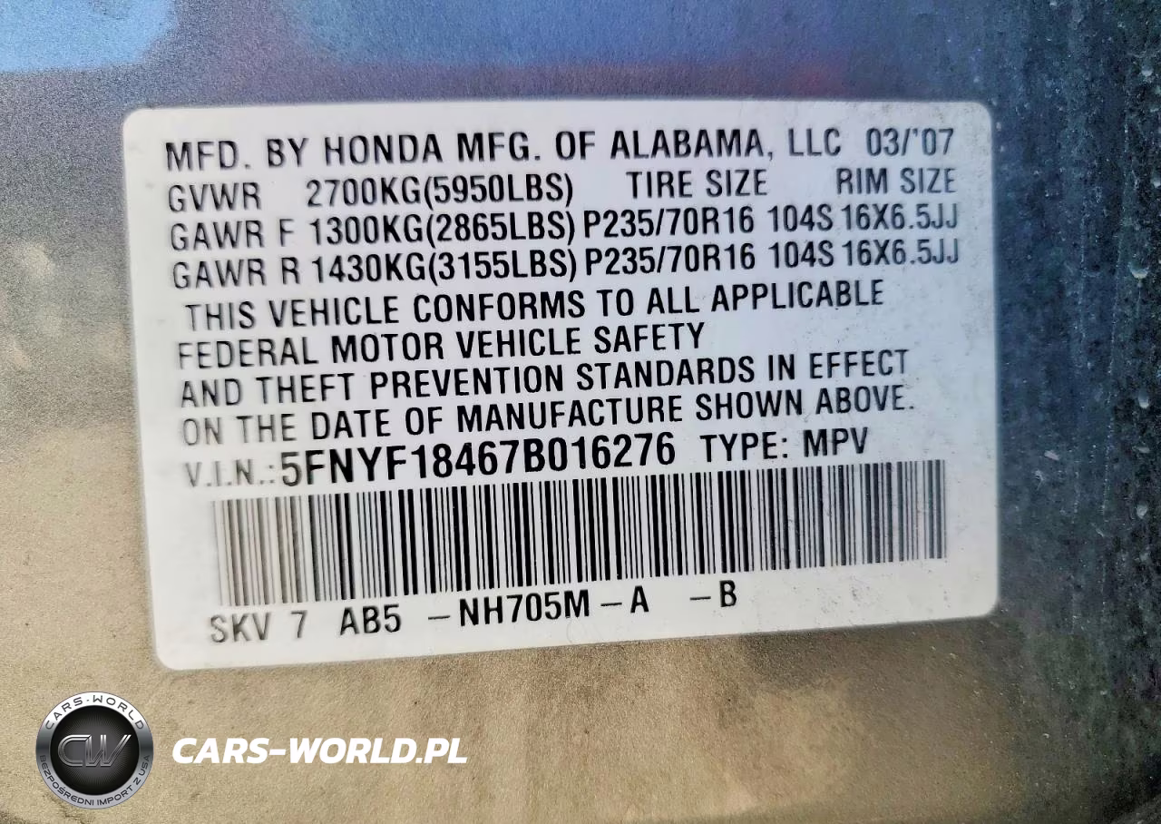 2007 Honda Pilot Ex VIN:5FNYF18467B016276 - 14