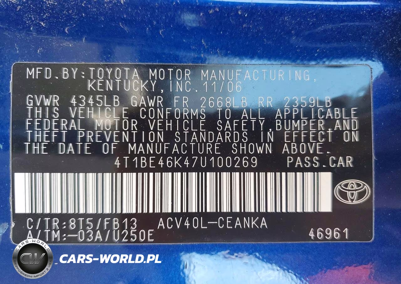 2007 Toyota Camry Le VIN:4T1BE46K47U100269 - 12