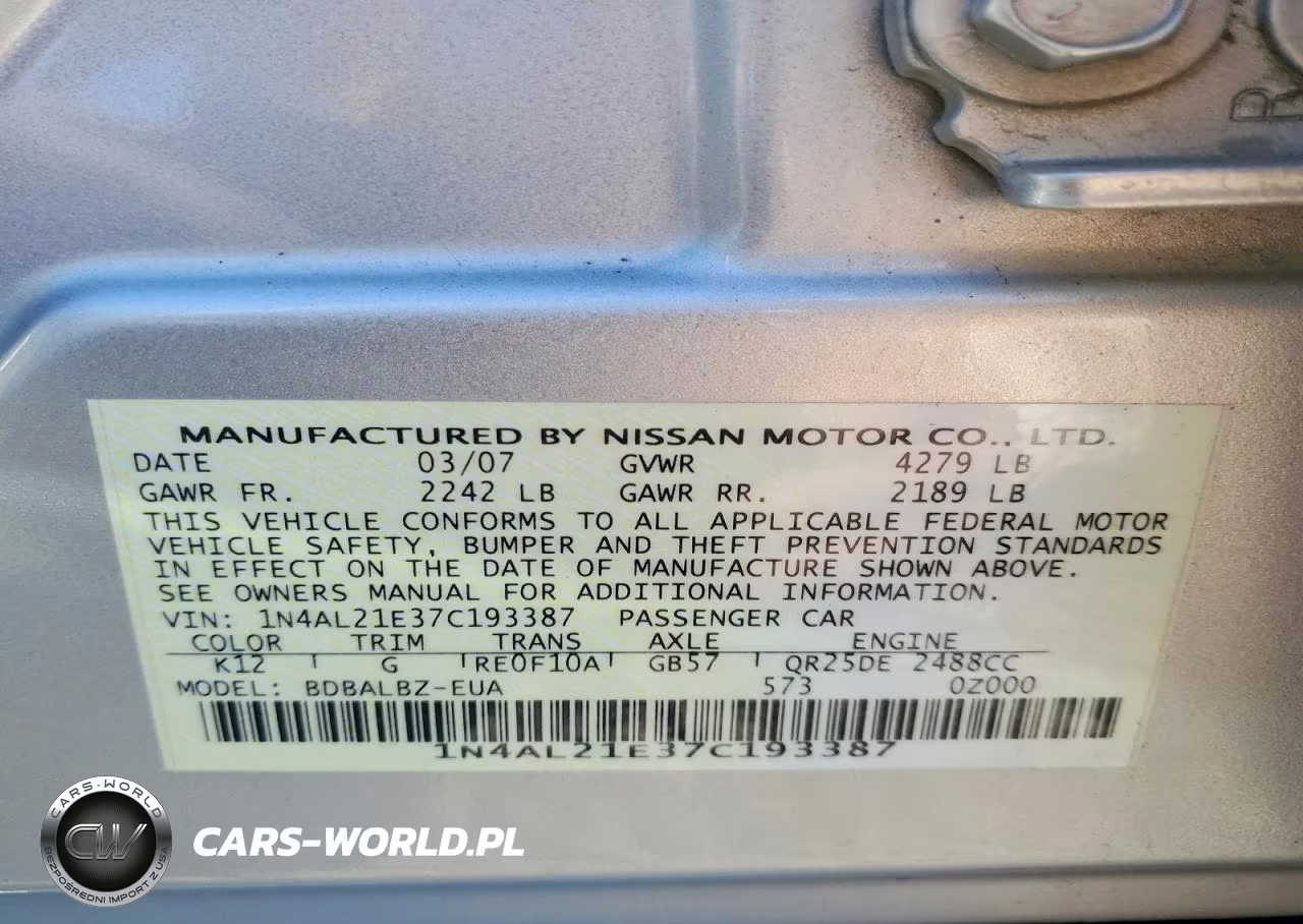2007 Nissan Altima 2.5 VIN:1N4AL21E37C193387 - 12