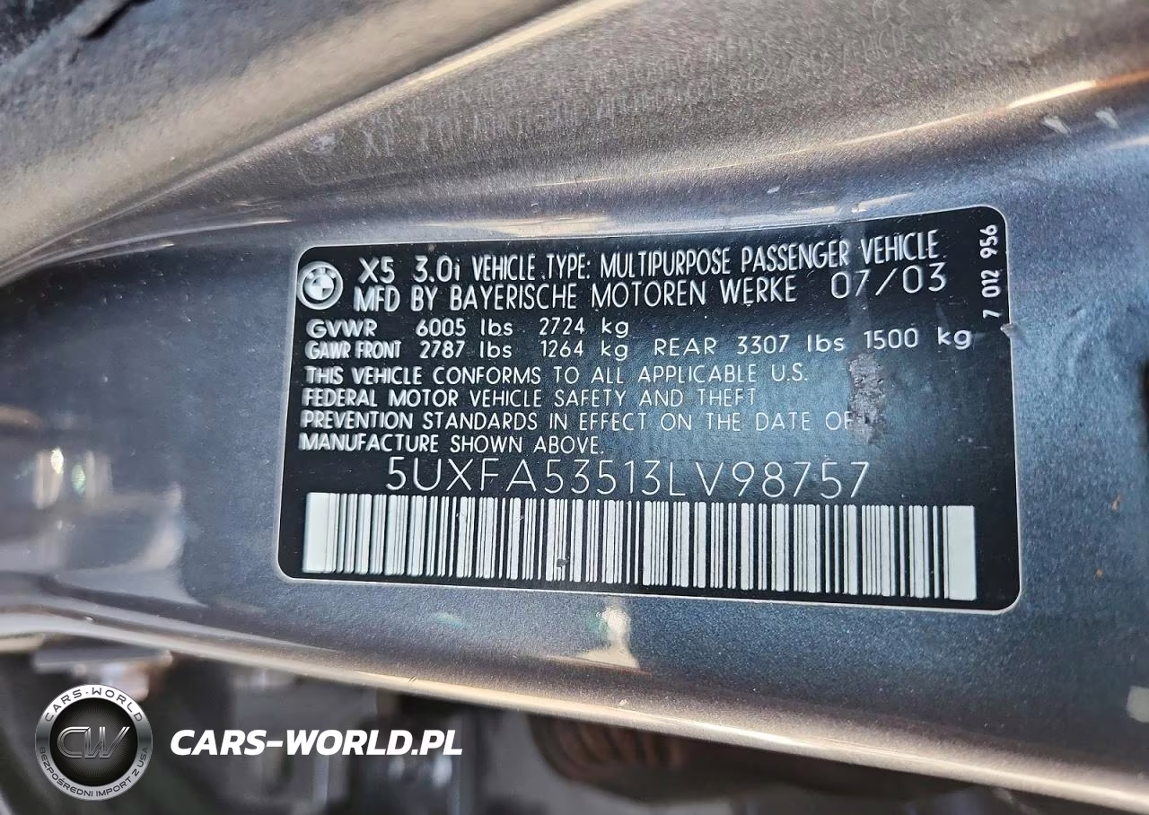 2003 BMW X5 3.0I VIN:5UXFA53513LV98757 - 13