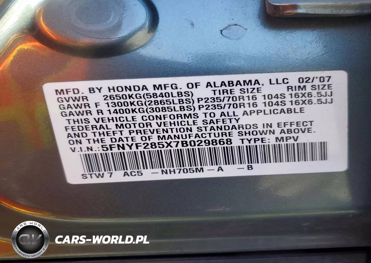2007 Honda Pilot Exl VIN:5FNYF285X7B029868 - 13