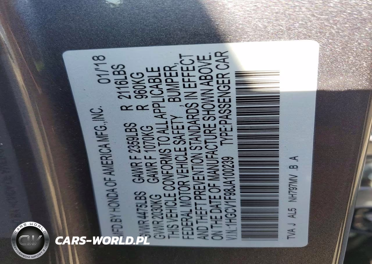 2018 Honda Accord Touring VIN:1HGCV1F98JA100239 - 12