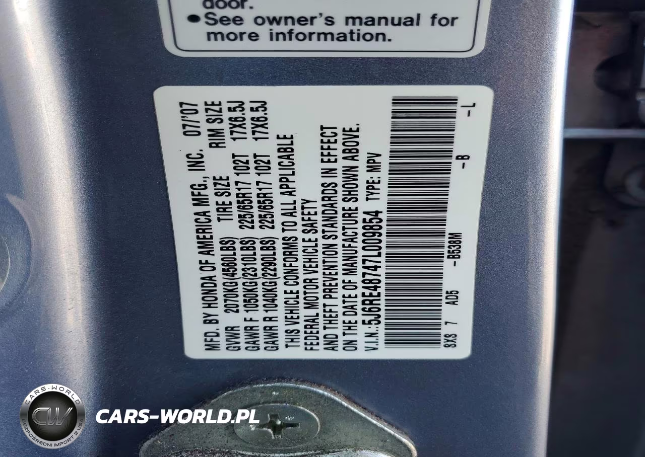 2007 Honda Cr-V Exl VIN:5J6RE48747L009854 - 13
