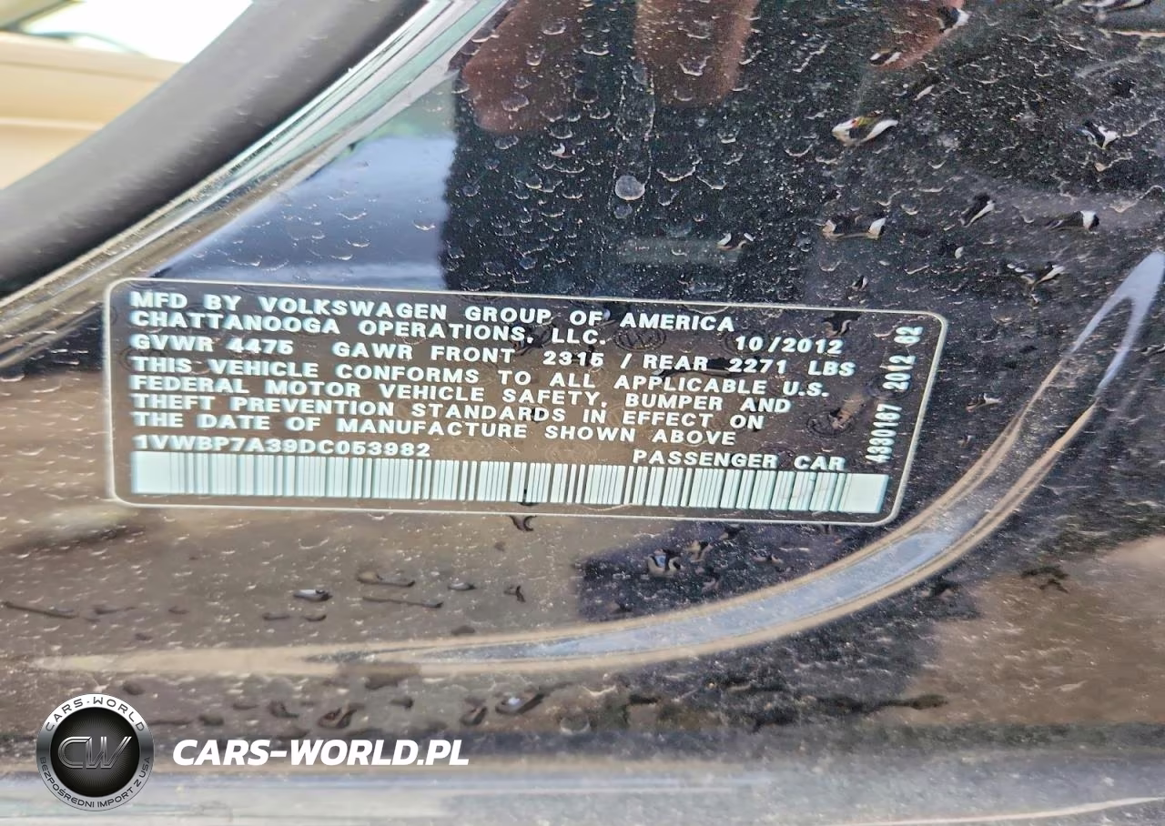 2013 Volkswagen Passat Se VIN:1VWBP7A39DC053982 - 13