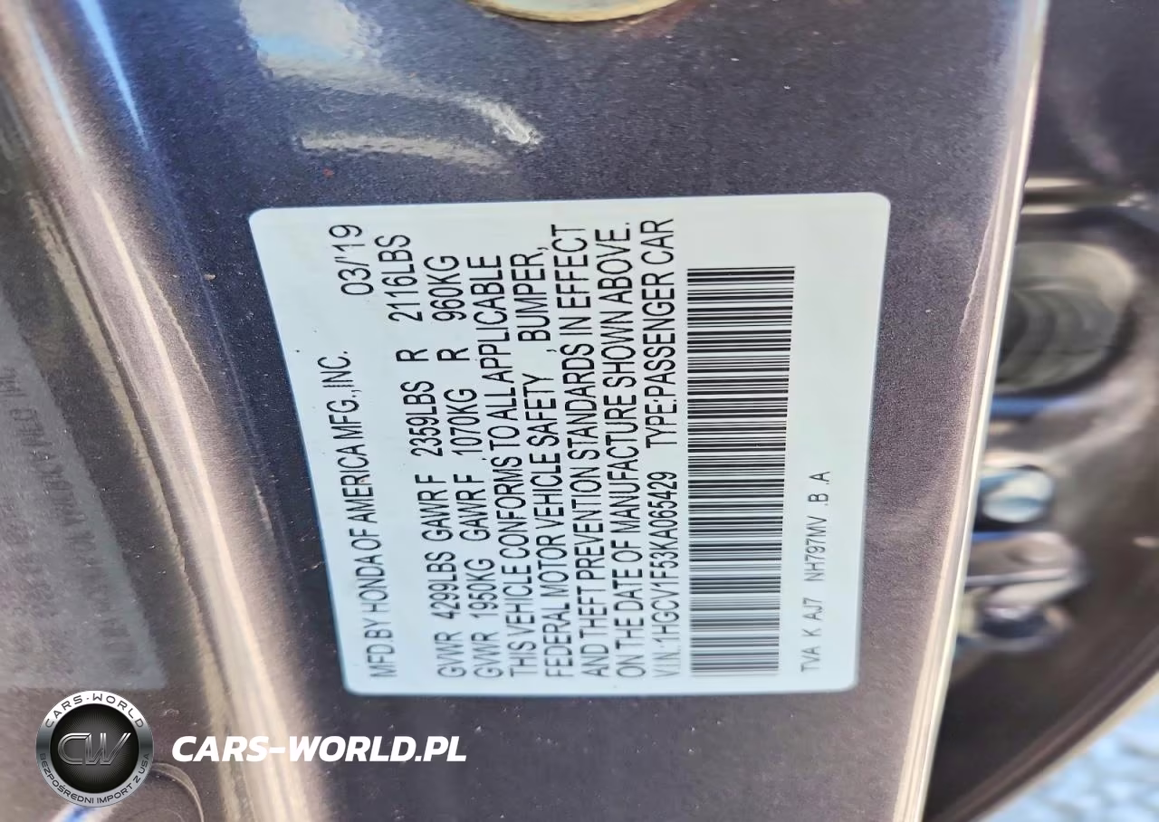 2019 Honda Accord VIN:1HGCV1F53KA065429 - 12