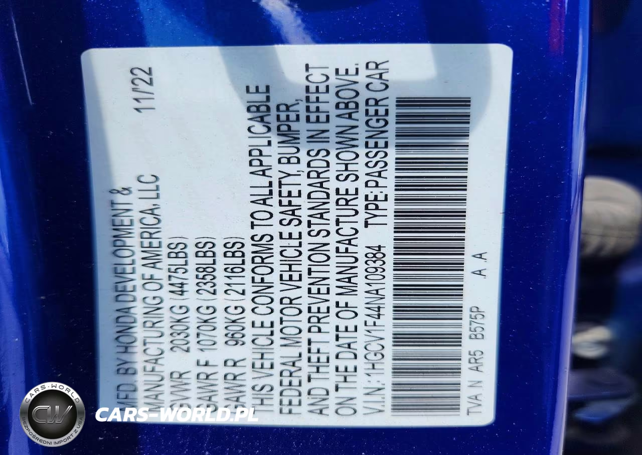2022 Honda Accord Sport Se VIN:1HGCV1F44NA109384 - 12