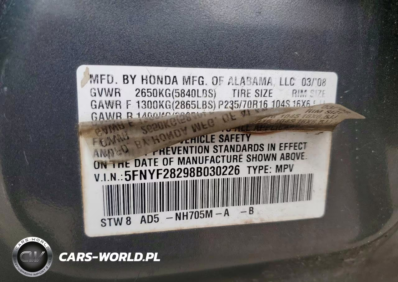 2008 Honda Pilot Vp VIN:5FNYF28298B030226 - 13