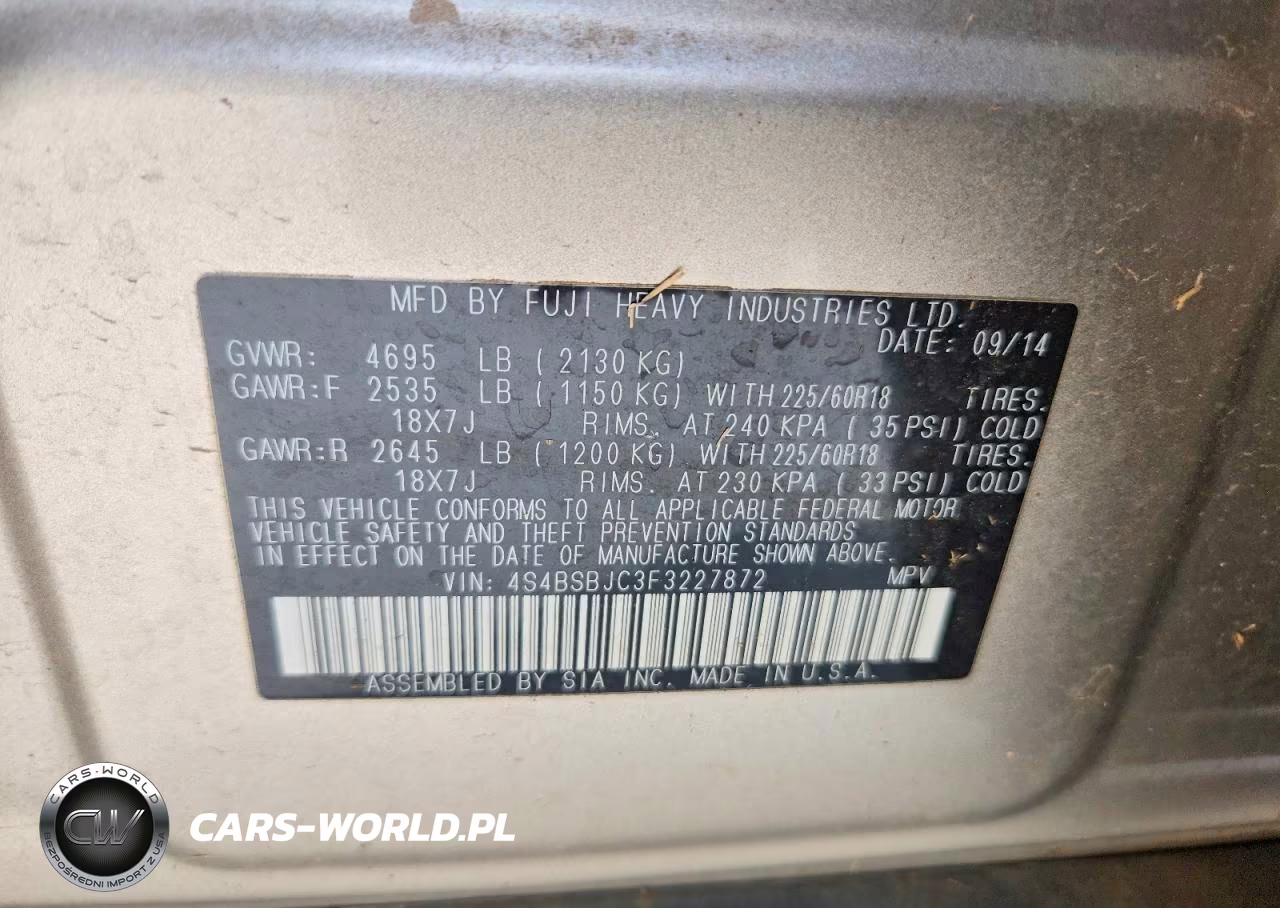2015 Subaru Outback 2.5I Limited VIN:4S4BSBJC3F3227872 - 12