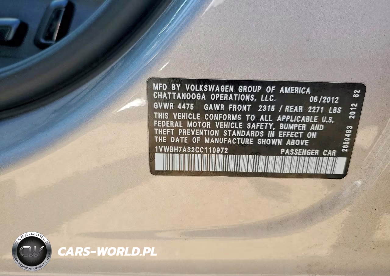 2012 Volkswagen Passat Se VIN:1VWBH7A32CC110972 - 12