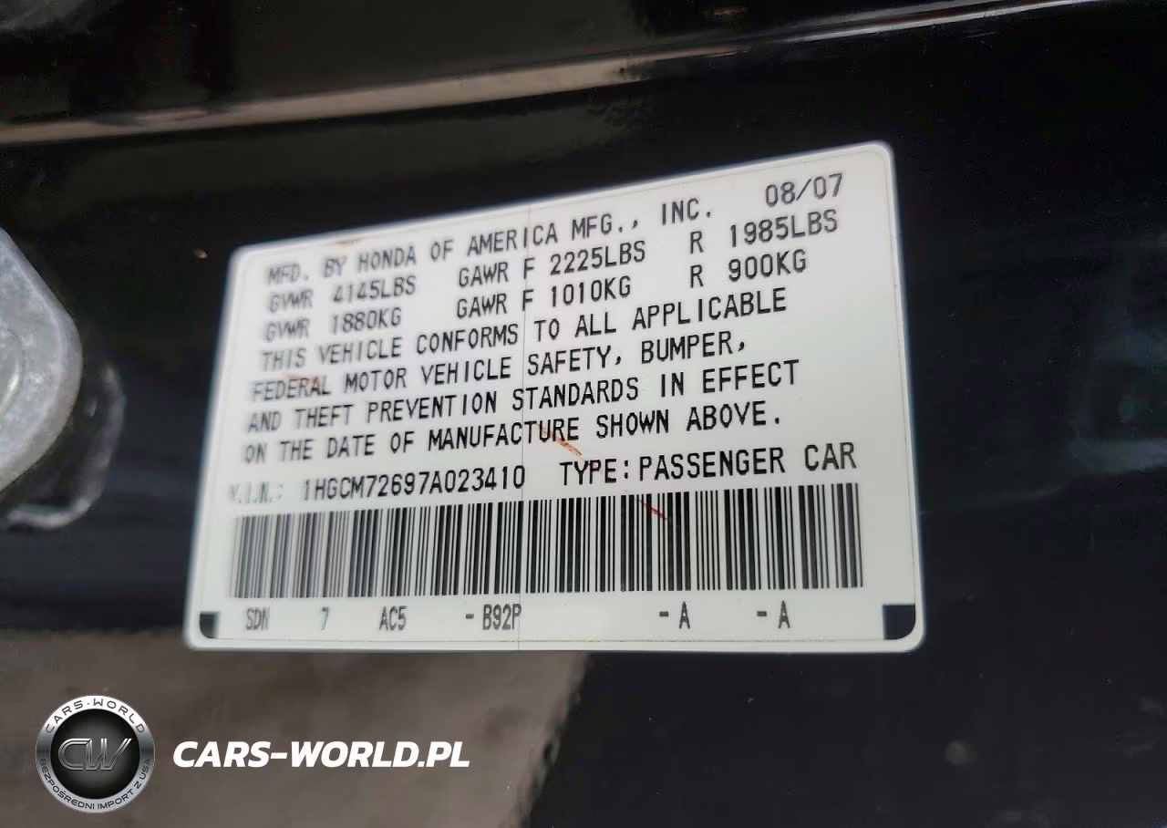 2007 Honda Accord Ex VIN:1HGCM72697A023410 - 12