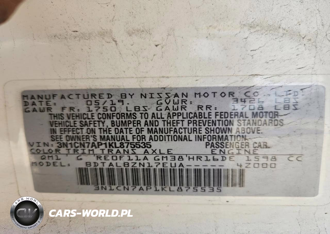 2019 Nissan Versa Sv VIN:3N1CN7AP1KL875535 - 13