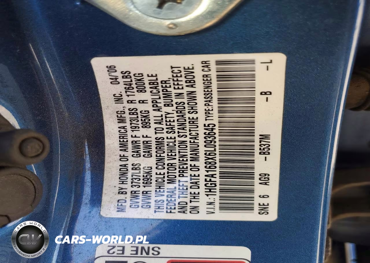 2006 Honda Civic Ex VIN:1HGFA168X6L093645 - 12
