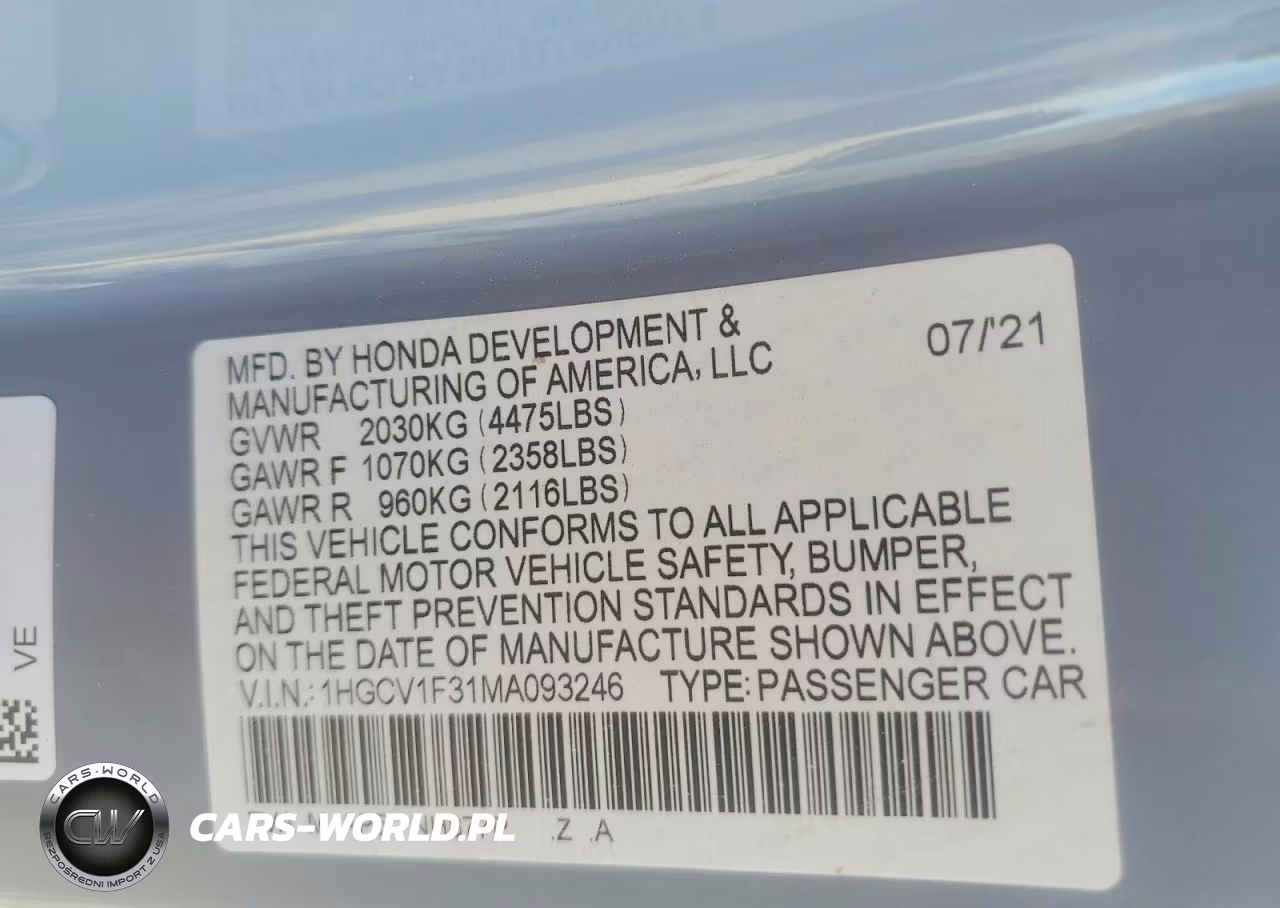 2021 Honda Accord Sport VIN:1HGCV1F31MA093246 - 12