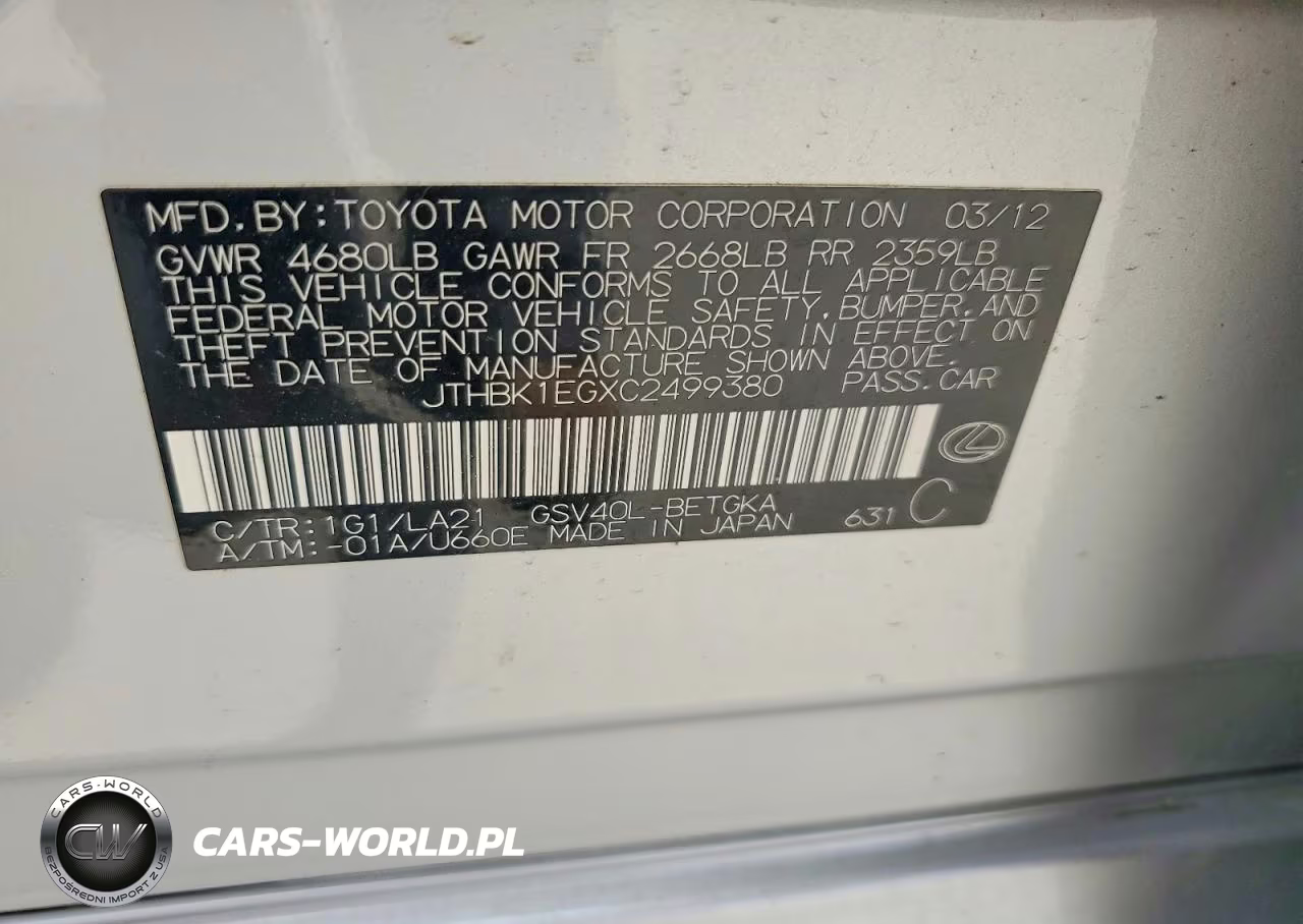 2012 Lexus Es 350 VIN:JTHBK1EGXC2499380 - 12