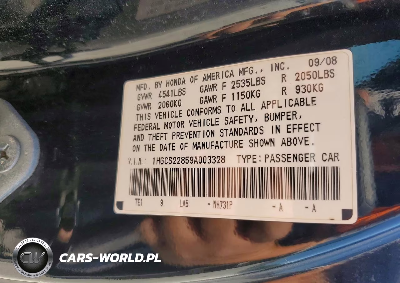 2009 Honda Accord Exl VIN:1HGCS22859A003328 - 12