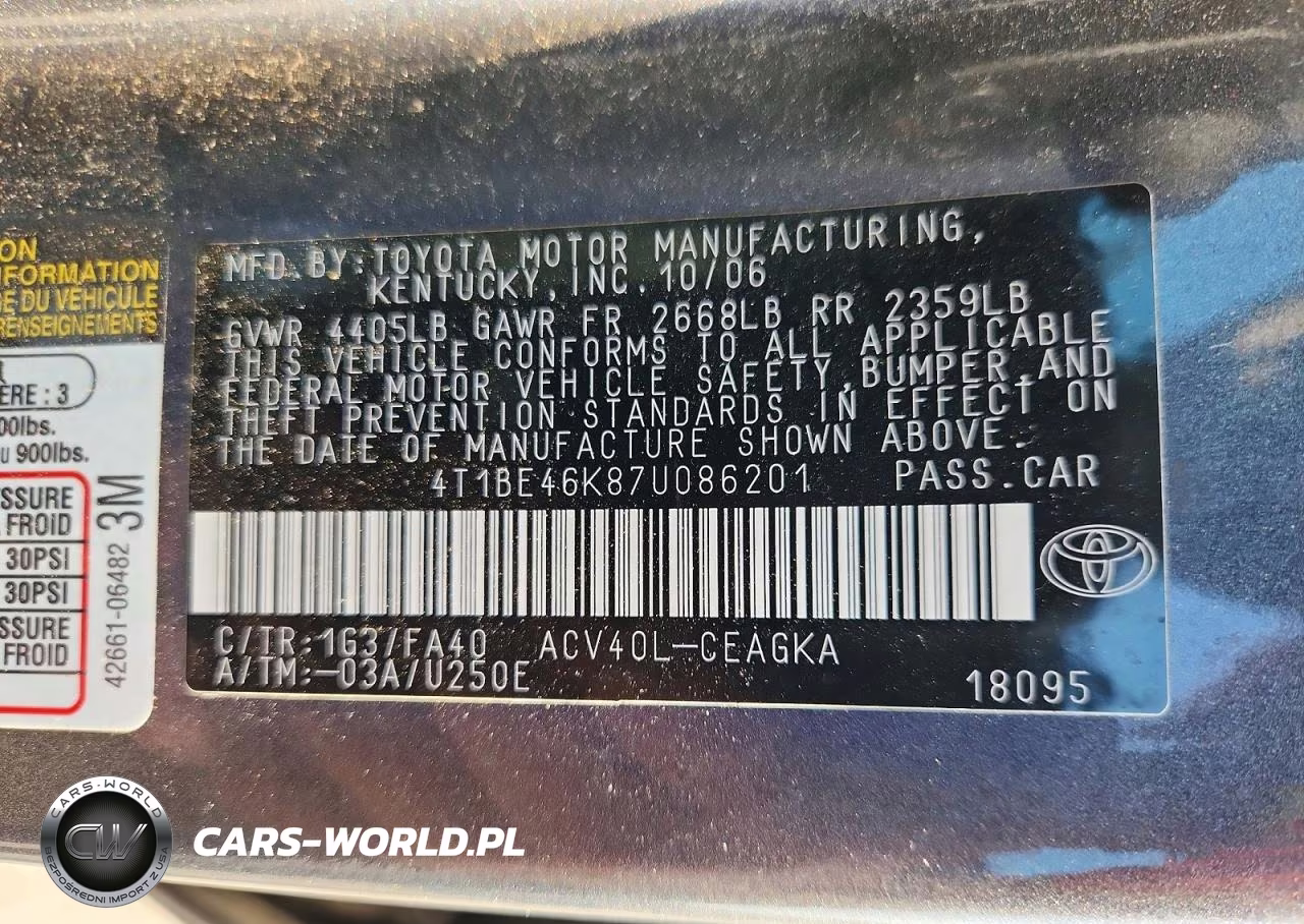 2007 Toyota Camry Xle VIN:4T1BE46K87U086201 - 12