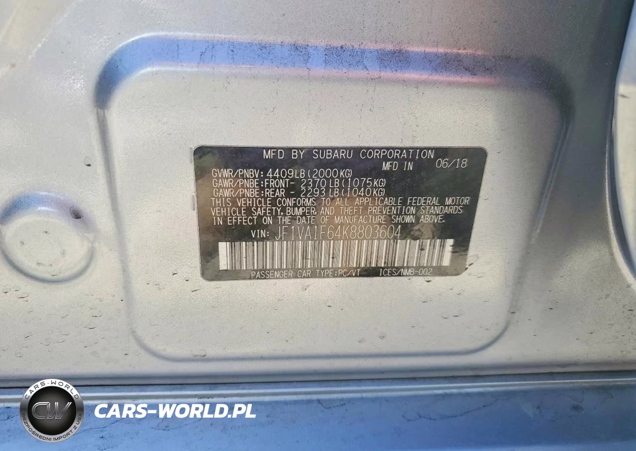 2019 Subaru Wrx Premium VIN:JF1VA1F64K8803604 - 12