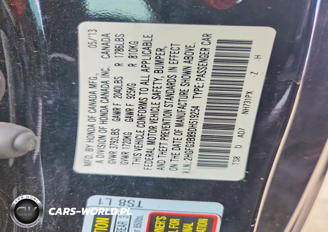 2013 Honda Civic Ex VIN:2HGFG3B89DH519254 - 12