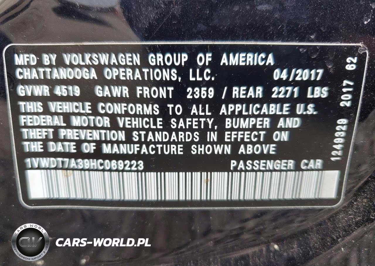 2017 Volkswagen Passat R-Line VIN:1VWDT7A39HC069223 - 12