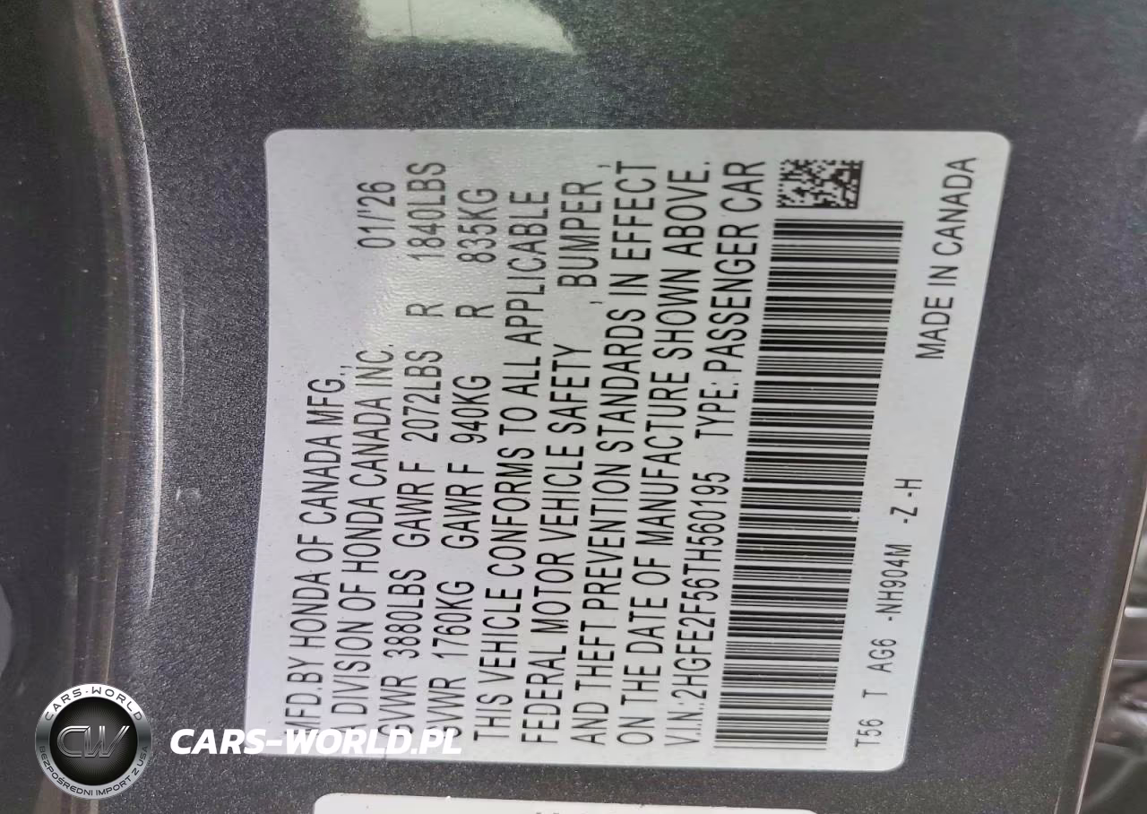 2026 Honda Civic Sport VIN:2HGFE2F56TH560195 - 13