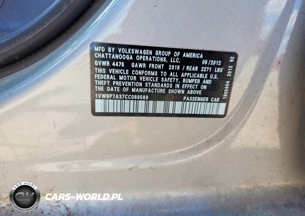 2012 Volkswagen Passat Se VIN:1VWBP7A37CC089569 - 12