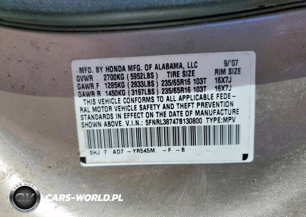 2007 Honda Odyssey Exl VIN:5FNRL38747B130800 - 13