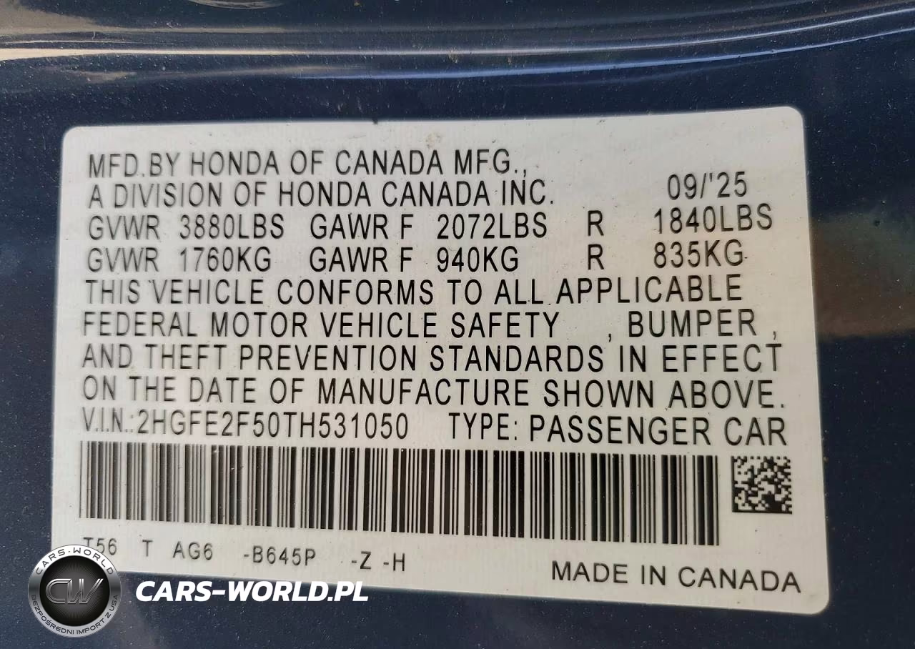 2026 Honda Civic Sport VIN:2HGFE2F50TH531050 - 12