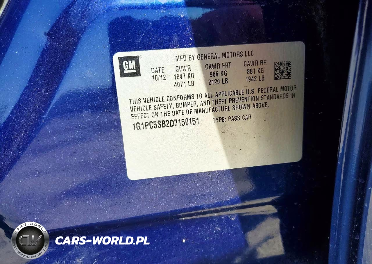 2013 Chevrolet Cruze Lt VIN:1G1PC5SB2D7150151 - 12