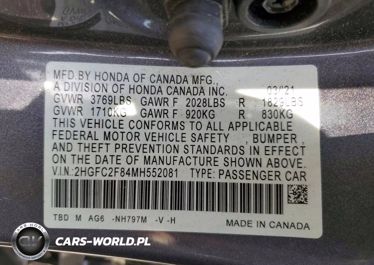2021 Honda Civic Sport VIN:2HGFC2F84MH552081 - 12