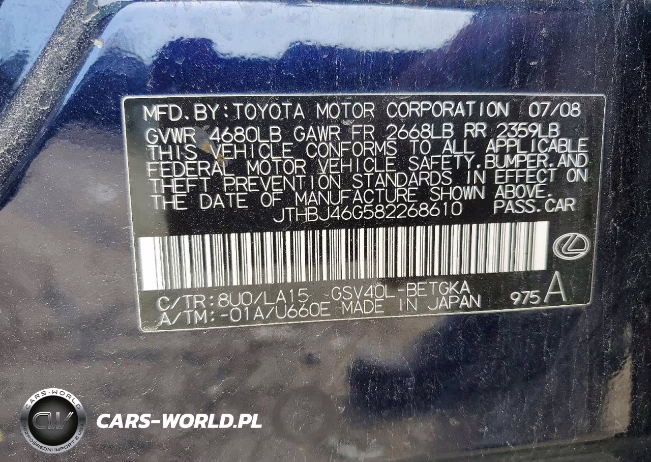 2008 Lexus Es 350 VIN:JTHBJ46G582268610 - 12