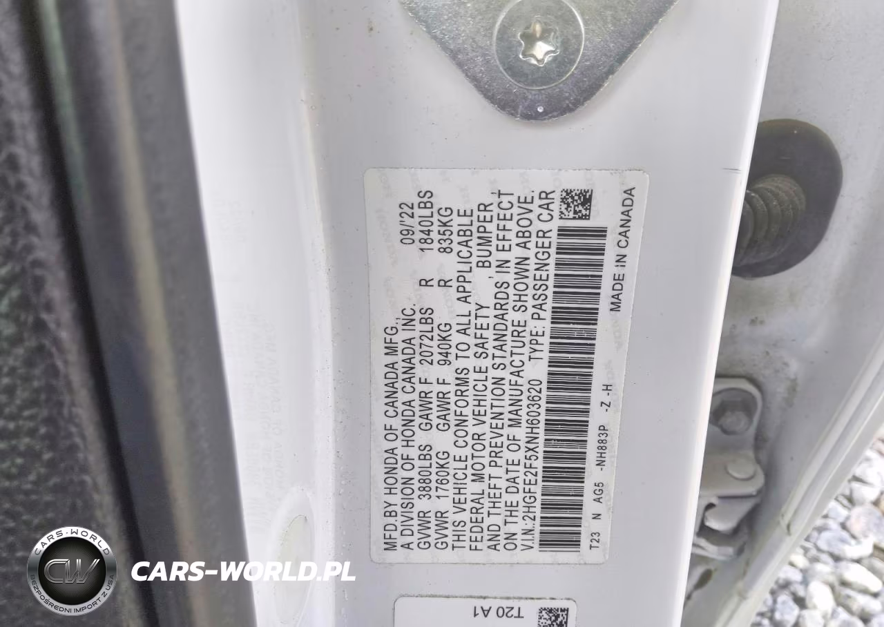 2022 Honda Civic Sport VIN:2HGFE2F5XNH603620 - 12
