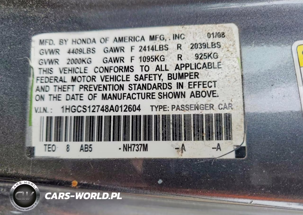 2008 Honda Accord Ex VIN:1HGCS12748A012604 - 12