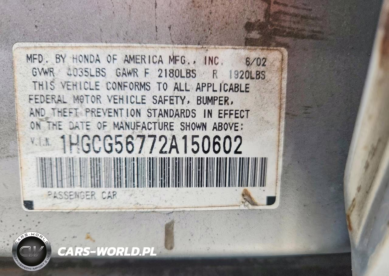 2002 Honda Accord Se VIN:1HGCG56772A150602 - 13