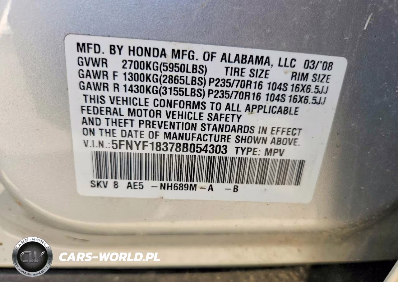 2008 Honda Pilot Se VIN:5FNYF18378B054303 - 13