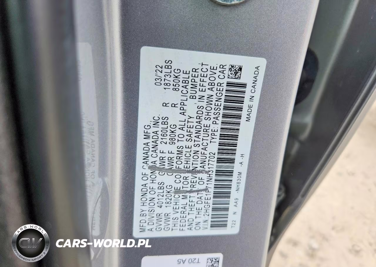 2022 Honda Civic Ex VIN:2HGFE1F71NH317702 - 12
