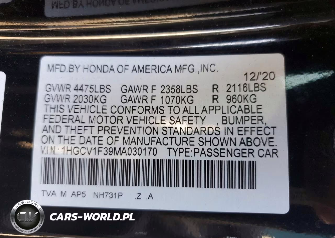 2021 Honda Accord Sport VIN:1HGCV1F39MA030170 - 13
